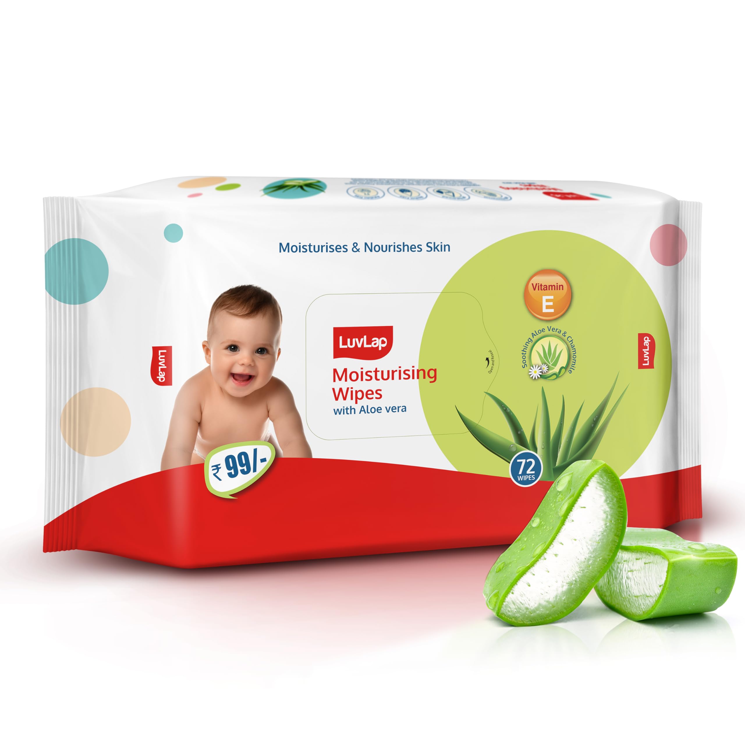 Moisturising Wet Wipes without Lid For Baby Skin, Enriched with Aloe Vera, Vitamin E & Chamomile Extract, pH Balanced, Dermatologically Safe, Paraben & Sulphate Free, 72 Wipes