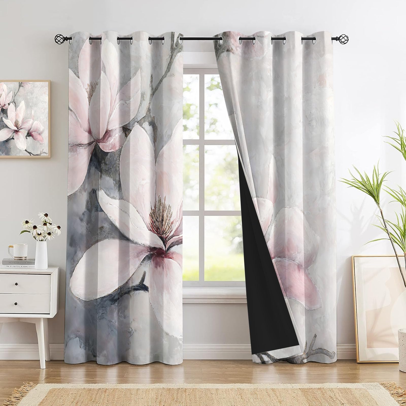 Magnolienblütenzweige Vorhänge, Retro Elegant Vorhang Blickdicht Thermo Verdunkelungsvorhänge Mit Ösen - Hellrosa Gardinen Wohnzimmer Schlafzimmer Fenster - H214 x B91.5 cm (2er Pack)