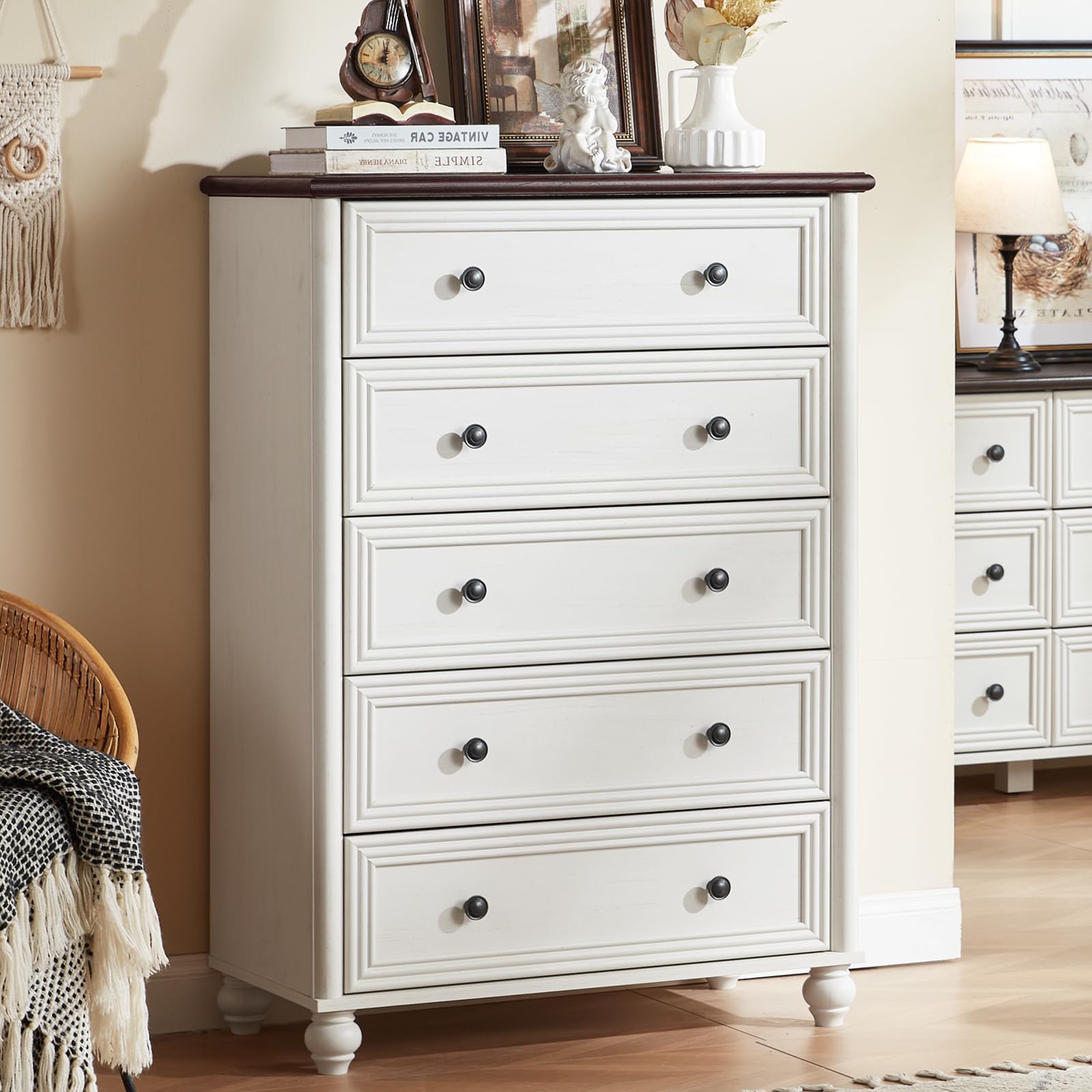 RWYHG Farmhouse 5 Drawers Dresser for Bedroom, Wood 45" Tall Chest of Drawers, Dresser Rustic Storage Dressers Organizer with Metal Handle Closet for