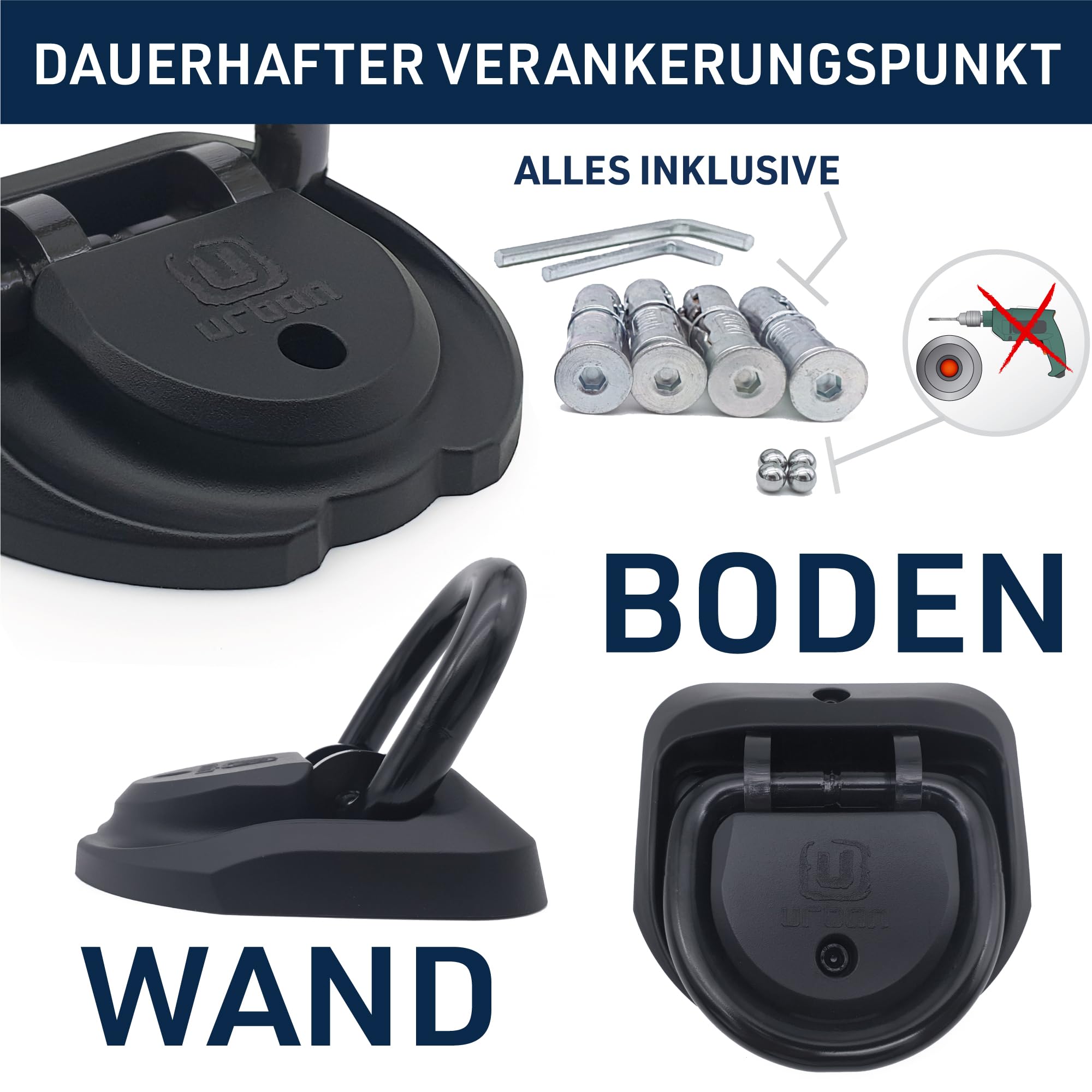 urban UR56 Bodenanker Höchster Sicherheit, Gründlich Getestet, Stärkerem ø16 Speziell Gehärteter Stahl Schwenkschäkel, Exklusives Hochwertiges Design, 4 Ankerpunkte, Wandanker Motorrad Roller Fahrrad