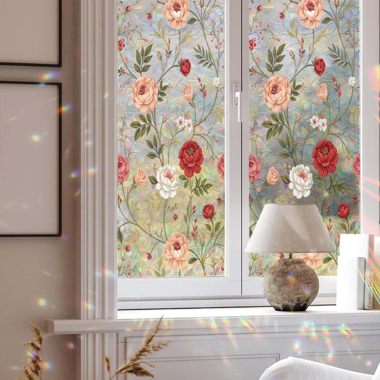 Window Film Privacy 43x100cm Retro Flowers Privacy Film for Glass Windows Office Kitchen Living Room Bathroom Opaque Reusable Window Stickers for Glass