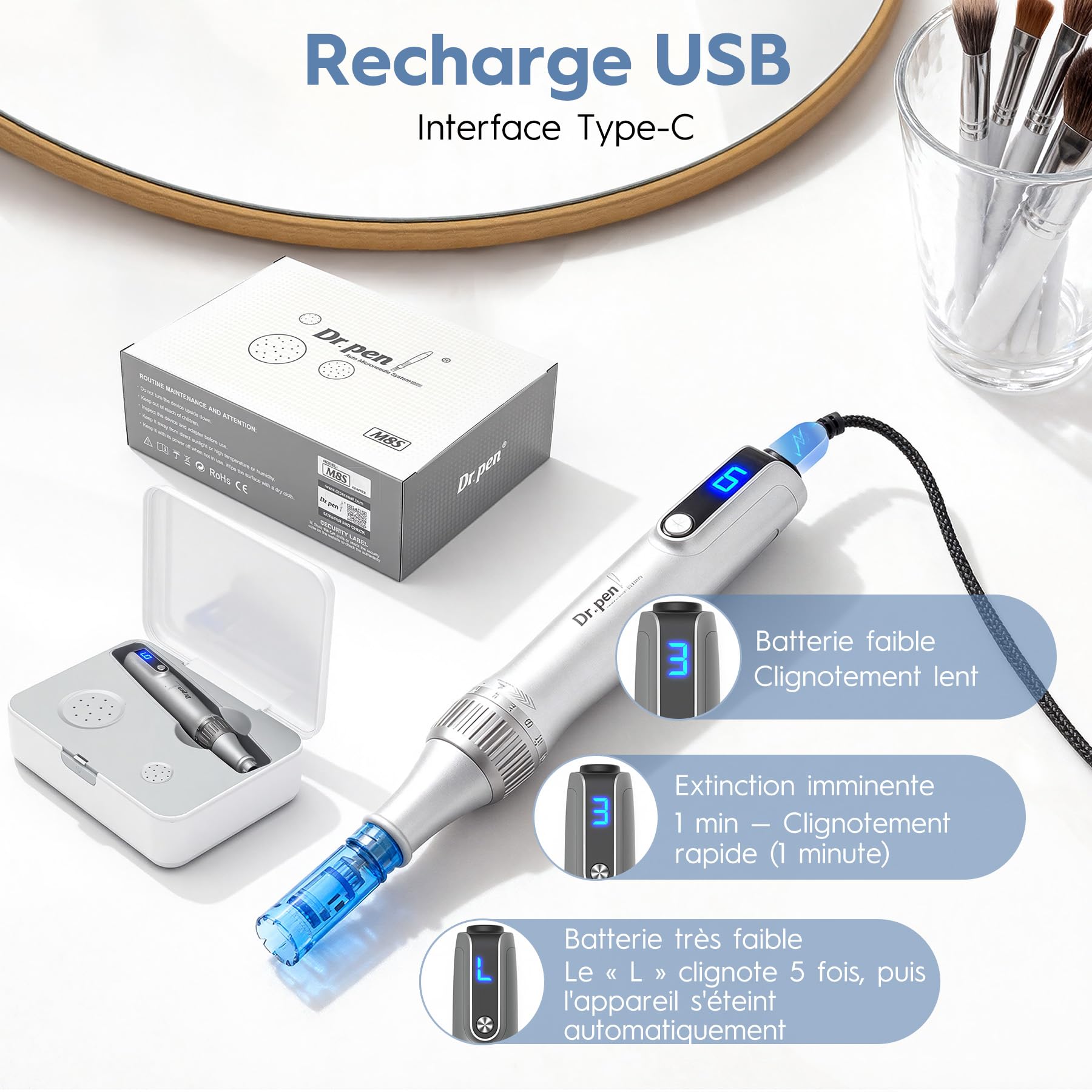Dr. pen Ultima M8S Microneedling Pen, Stylo de Microneedling Professionnel Sans Fil avec 20 Cartouches, 6 Vitesses Réglables et Affichage LED, pour la Croissance du Visage, Corps, Cheveux