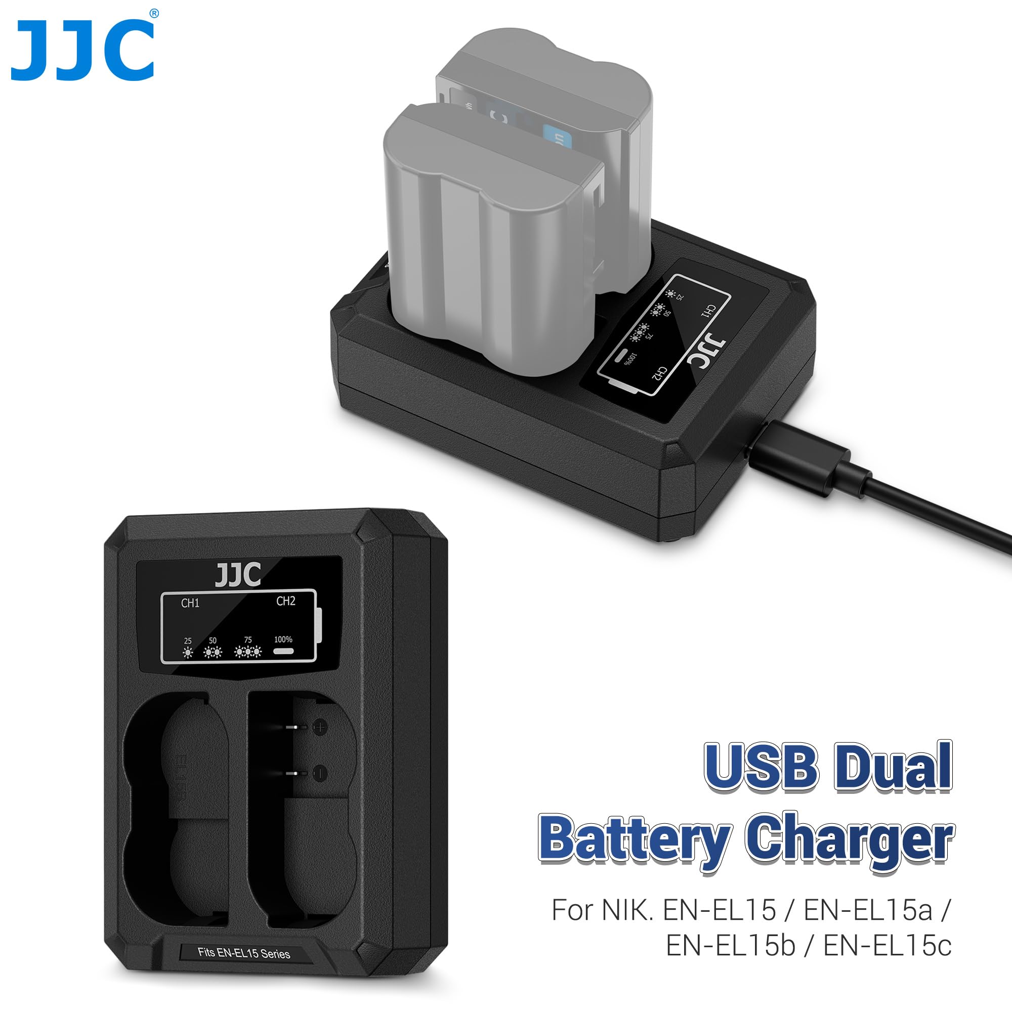 JJC Podwójna ładowarka USB-C kompatybilna z Nikon Zf Z7II Z7 Z6III Z6II Z6 Z5II Z5 D850 D780 D750 D610 D600 D500 D7500 D7200 D7100 D7000 Zastępuje aparaty Nik. EN-EL15/EL15 15a/EL