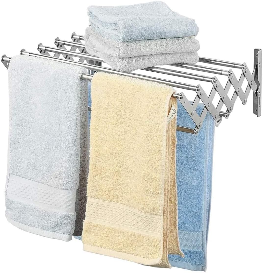 Clothes Drying Rack Wall Mounted Clothes Airer Telescopic Clothes Drying,Folding Wall Mounted Towel Storage Rack for The Bathroom or Bedroom Stainless Steel Towel Drying