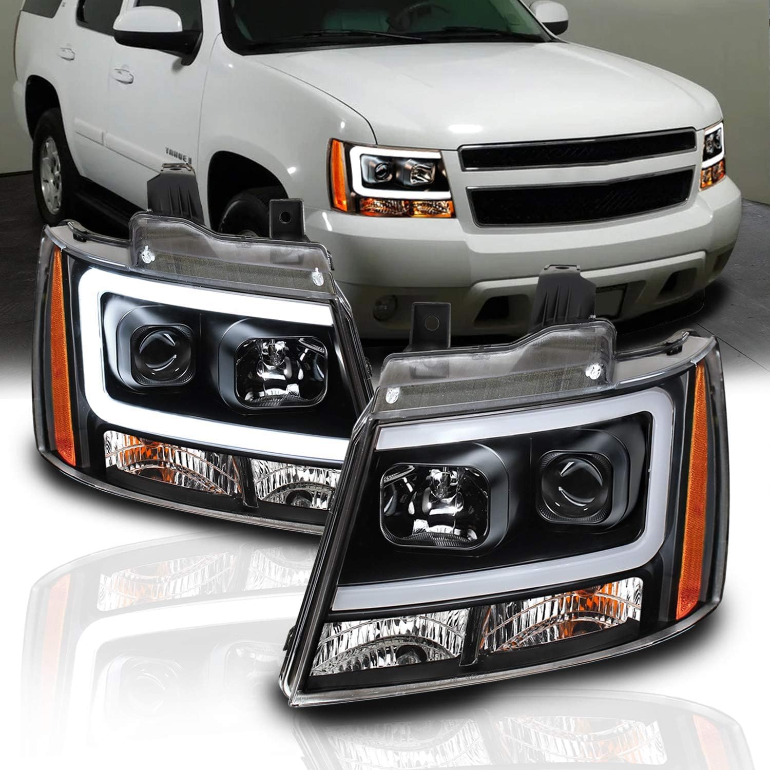 AmeriLite 2007-2013 Super Bright LED Bar Projector Halogen Car Headlights Pair For Chevy Avalanche Suburban Tahoe - Passenger and Driver Side, Vehicle