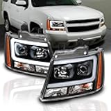 for 2007-2013 Chevy Avalanche Suburban Tahoe Super Bright LED Bar Projector Halogen Black Headlights Pair - Passenger and Driver Side