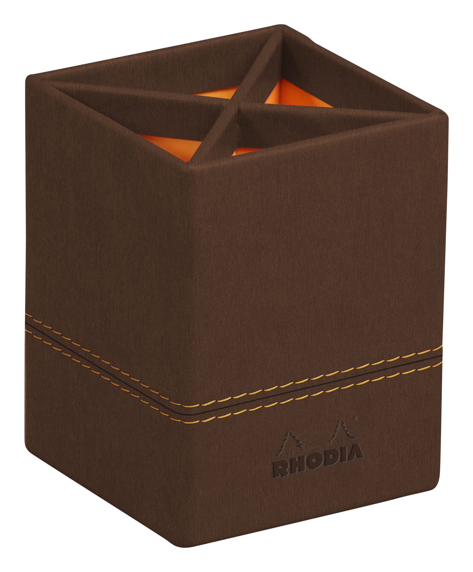 RHODIA 194524C, Bronze Pencil Holder, 8x8x11 cm, Orange Saddle Stitching, Faux Leather Exterior