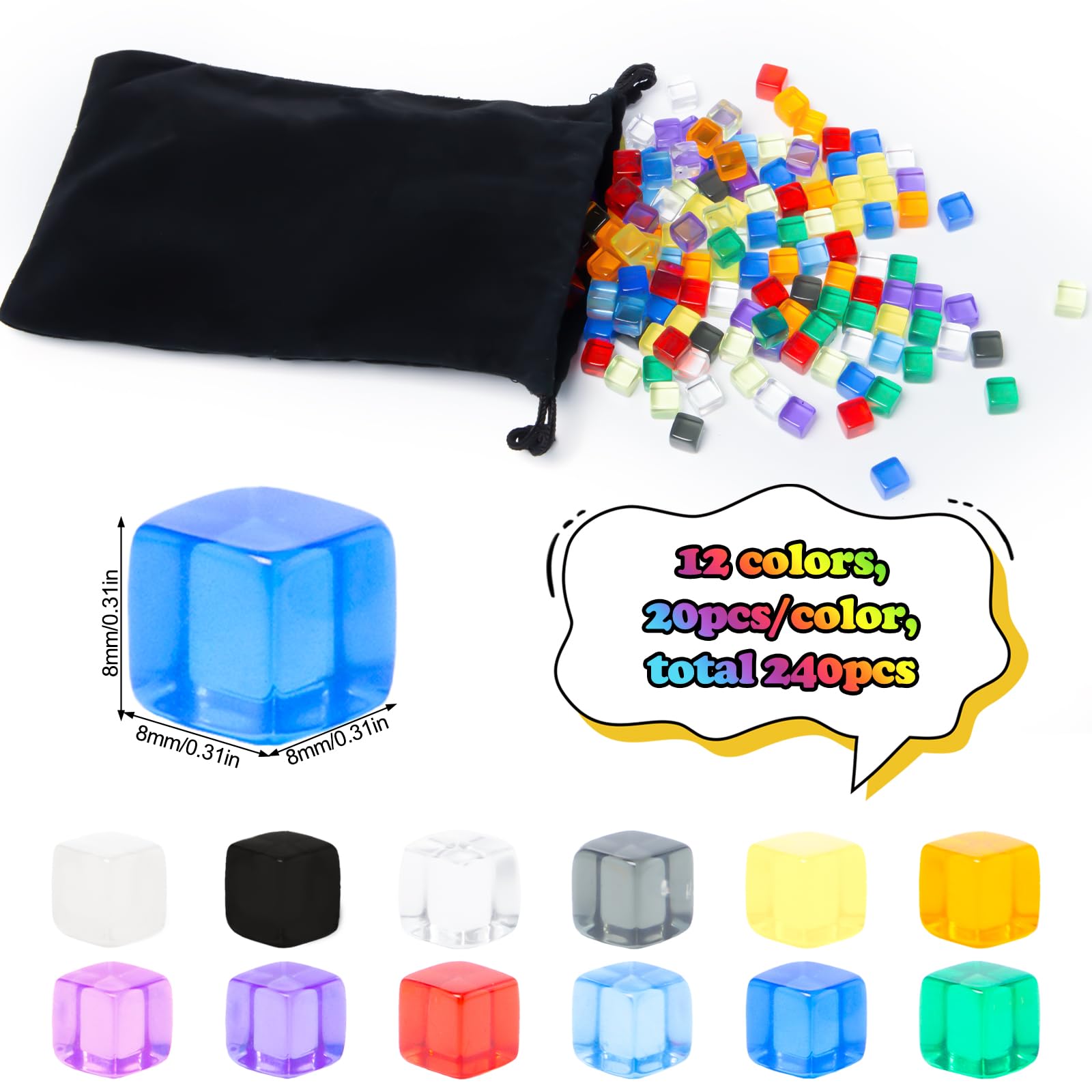 Sxutop 240 PCS Colorful 8mm D6 Dice Acrylic Cubes Dices Dice Games Acrylic with Storage Bag Clear Gem Blocks Square DIY Dices for DIY Making Board Games - Image 2