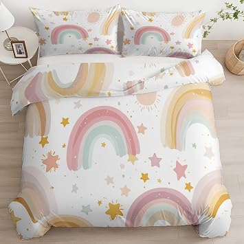 Cartoon Bohemian Rainbow Sun Stars Duvet Cover Set Cot-bed Size, White Kids Bedding 2pcs 120 x 150 cm Quilt Cover with Pillowcases for Kids Boys Girls Teens Soft Bedspread Bedding