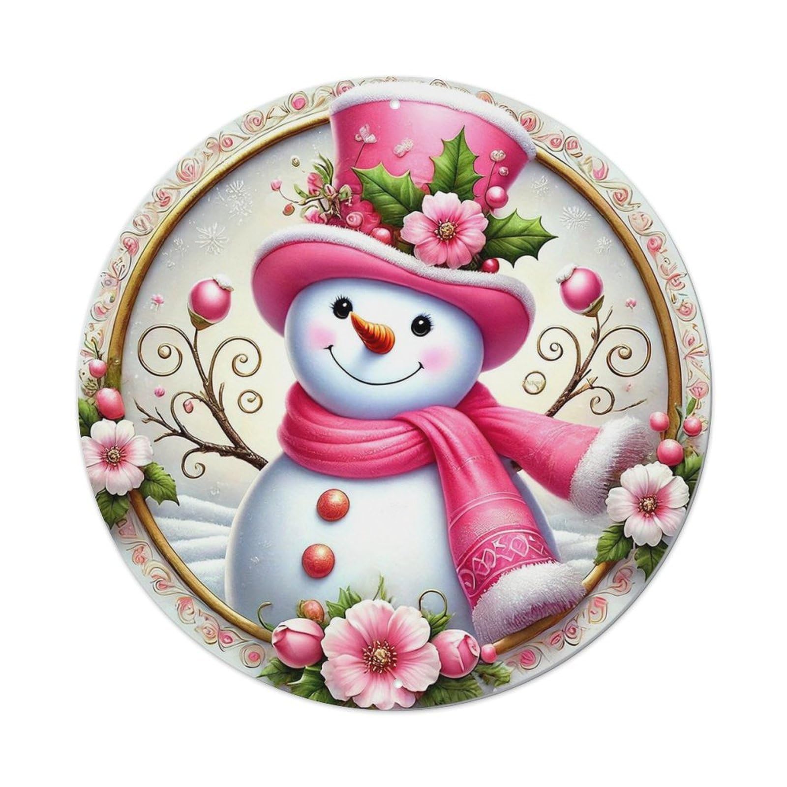 Jdyansheng Vintage Pink Snowman Floral Winter Design Tin Sign Metal Poster Metal Signs For Home Man Cave Bar Cafe Kitchen Laundry Room Wall Decorations 8X8 Inches