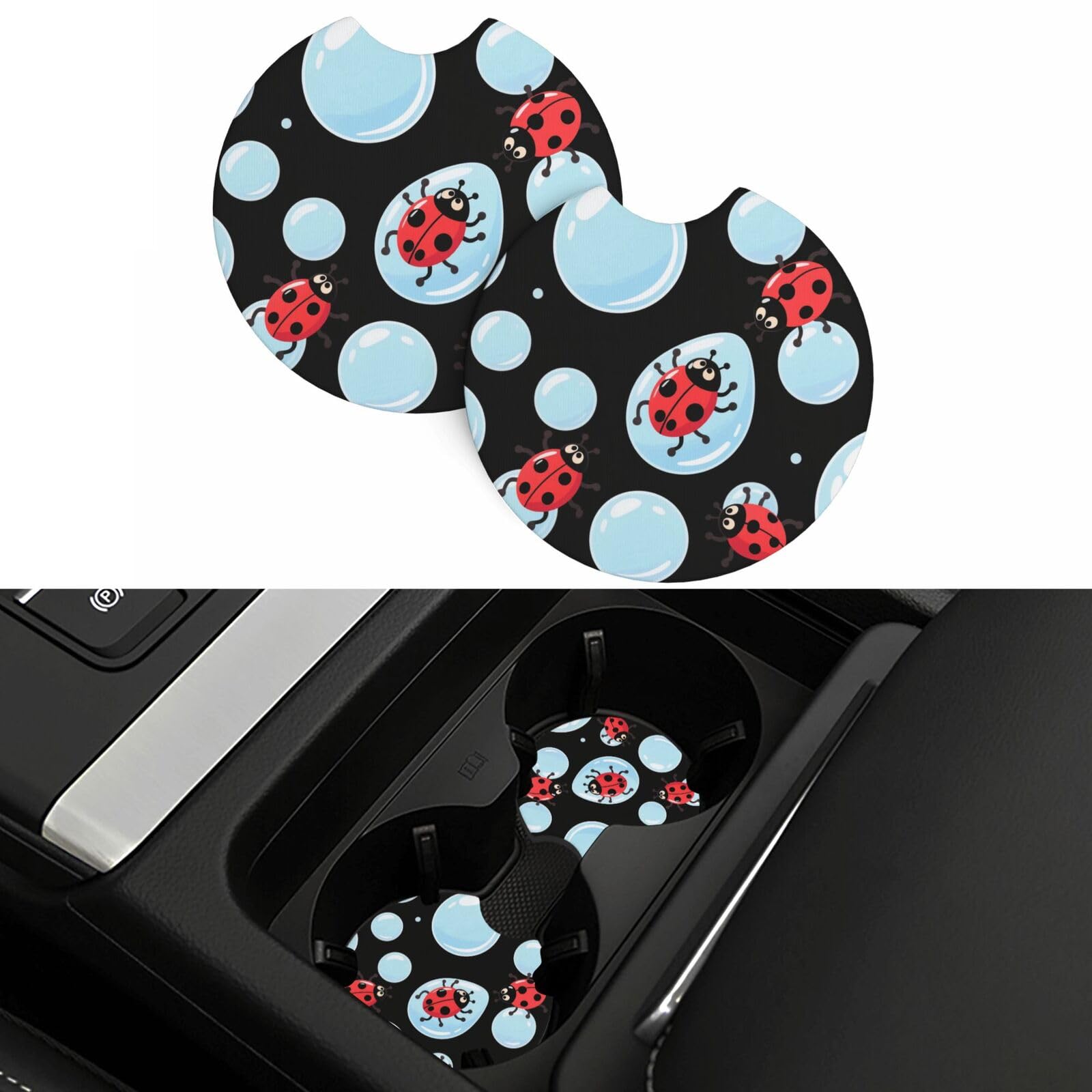 2 Pack Car Coasters,2.7" Universal Car Cup Holder Coasters Non-Slip Neoprene Cup Pad Mat Coaster Car Interior Accessories for Women Men Cute Ladybugs