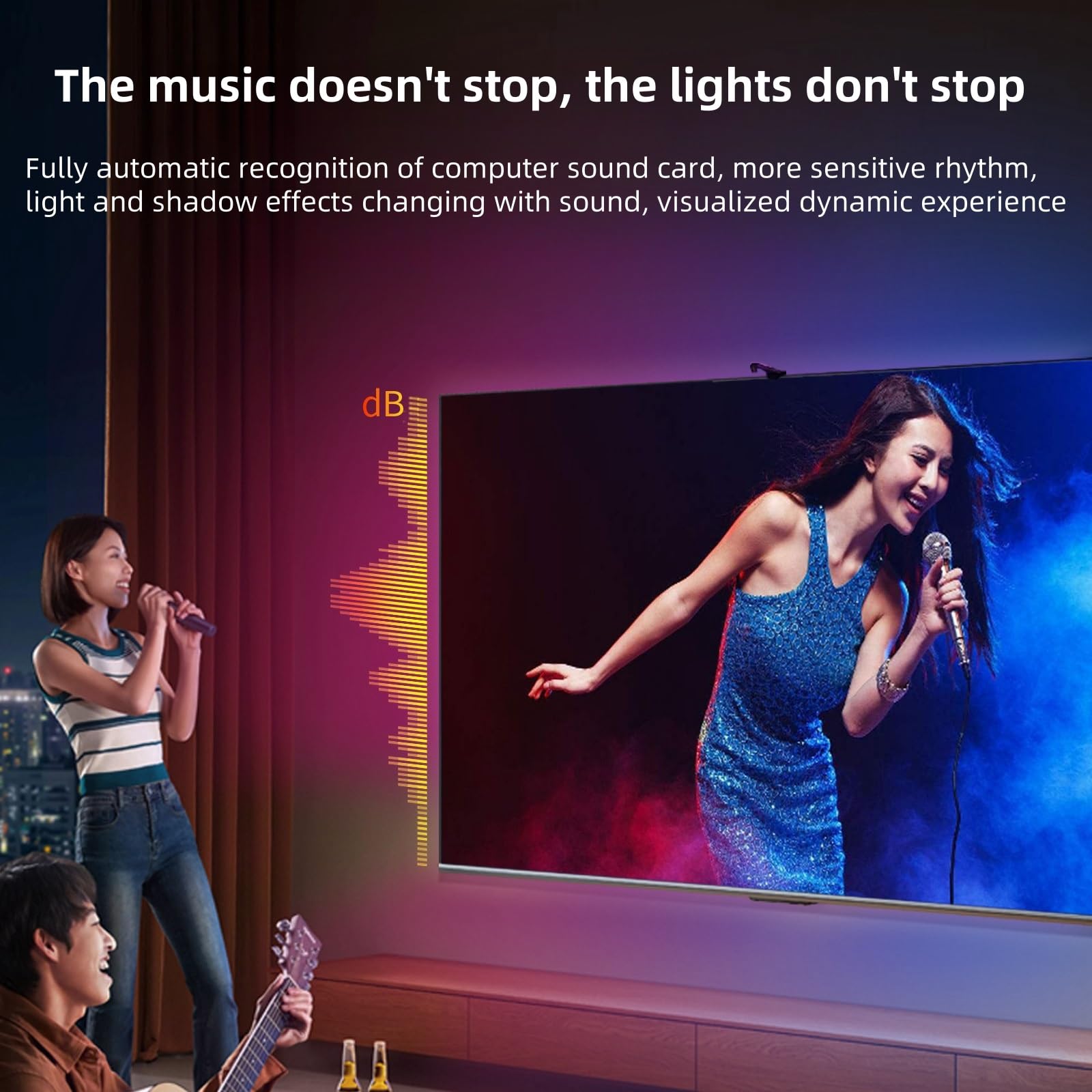 TV Reactiva Led Retroiluminación TV Luz De Fondo con Sensor para Tomar Color Sonido Y Luz Ritmo Sincrónico Bluetooth App Control USB Led Strip Lights For TV Strip Lights(5V Phantom 5M)