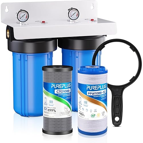 PUREPLUS 2-Stage Whole House Water Filtration System, 10" Universal Home Filtration, with Sediment &Iron Reduce, Carbon Filter, Reduce Iron, Chlorine, Taste, Includes Pressure Gauges, 1" Inlet/Outlet
