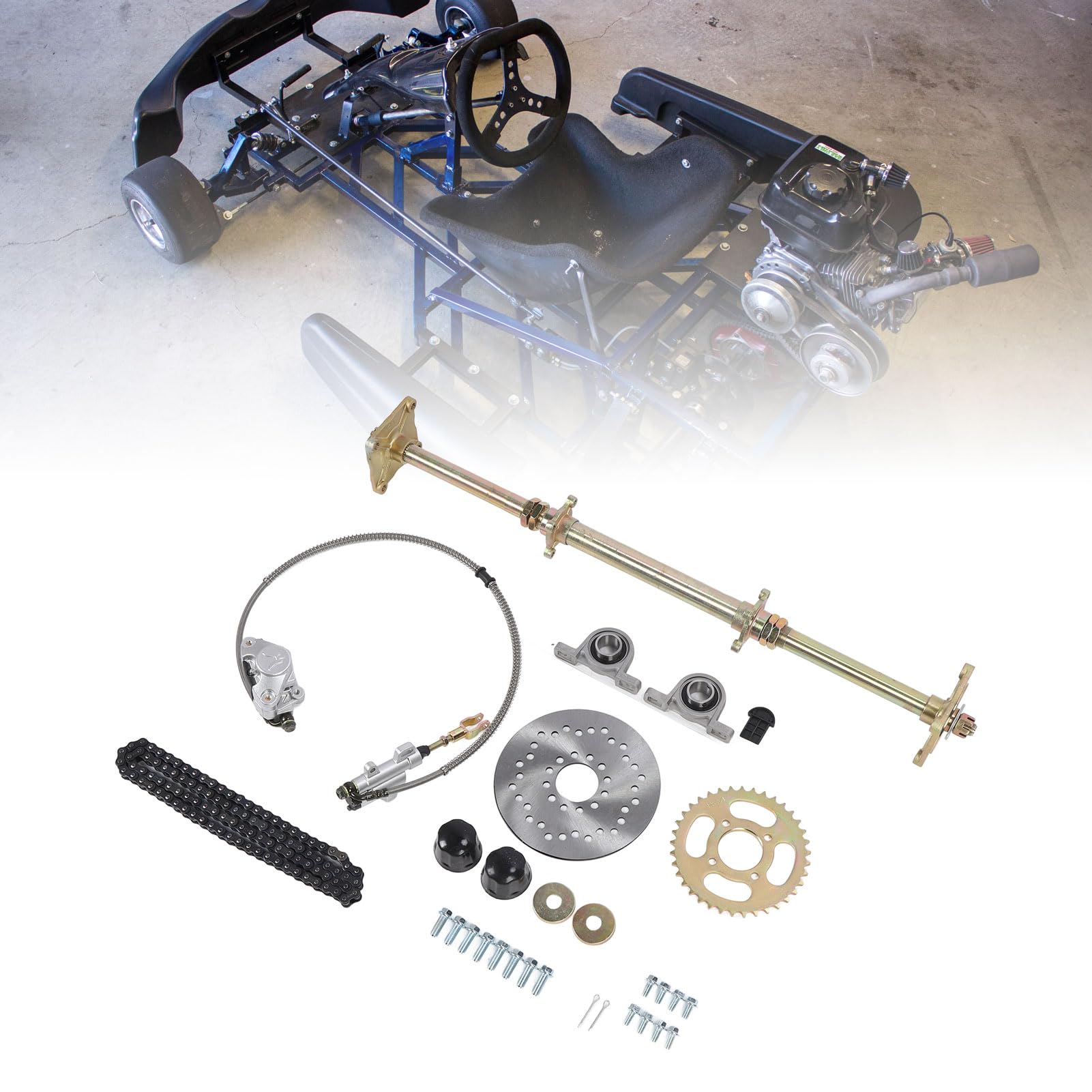 Pyhodi Go-Kart-Achsensatz, 32-Zoll-Hinterachse, DIY-Go-Kart-Teile für Quad-Trike-Drift-Bikes, 428 37T-Kettenrad, 7,5-Zoll-Bremsscheibenkettensatz, Hinterer Live-Montagesatz