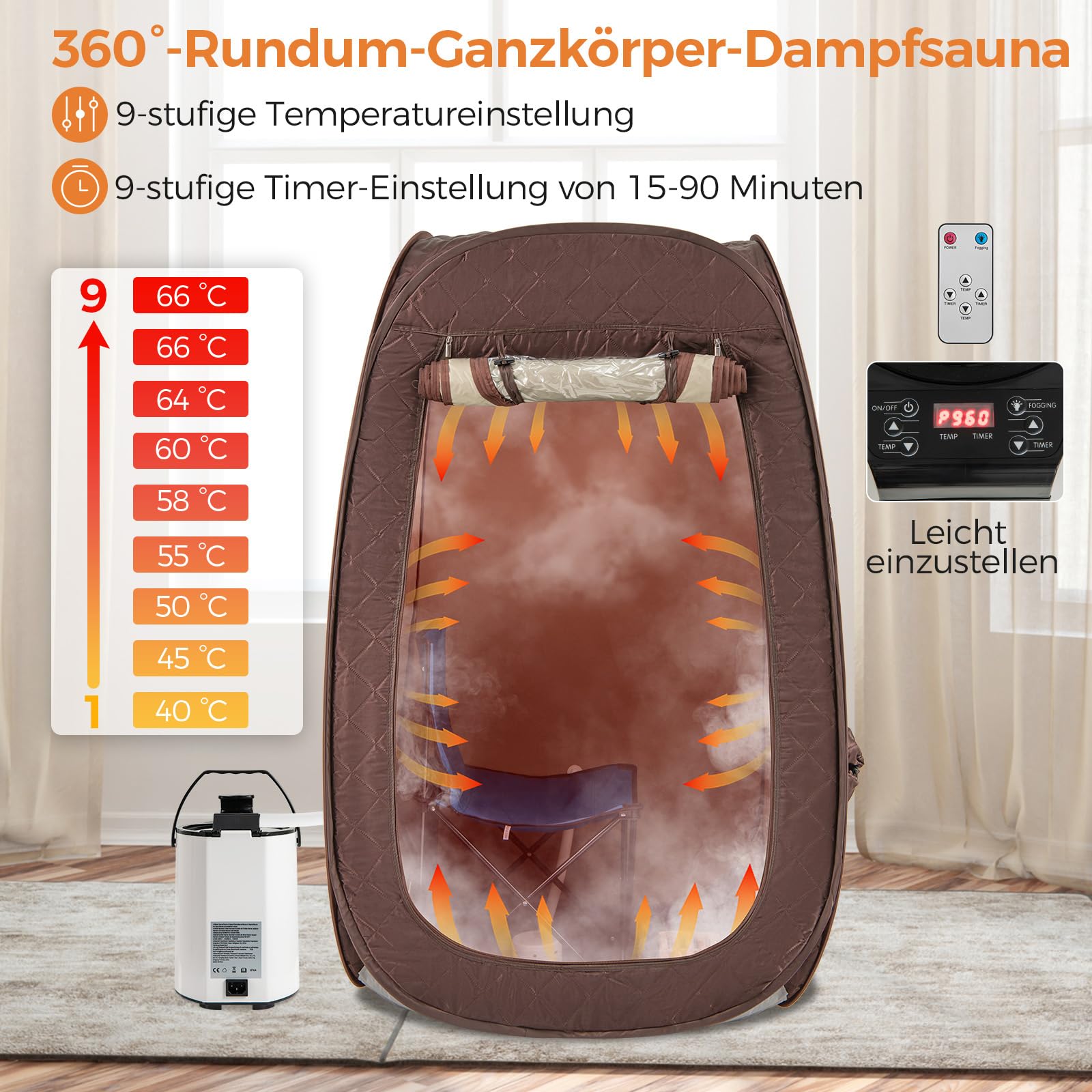 RELAX4LIFE Mobile Dampfsauna 3L, Heimsauna mit Fernbedienung&Saunastuhl, Sitzsauna mit 9 Temperaturstufen, Timer&Vernebelungsfunktion, Mini Sauna 1000W Verdampfer, Saunakabine 89x89x149cm (Grau)