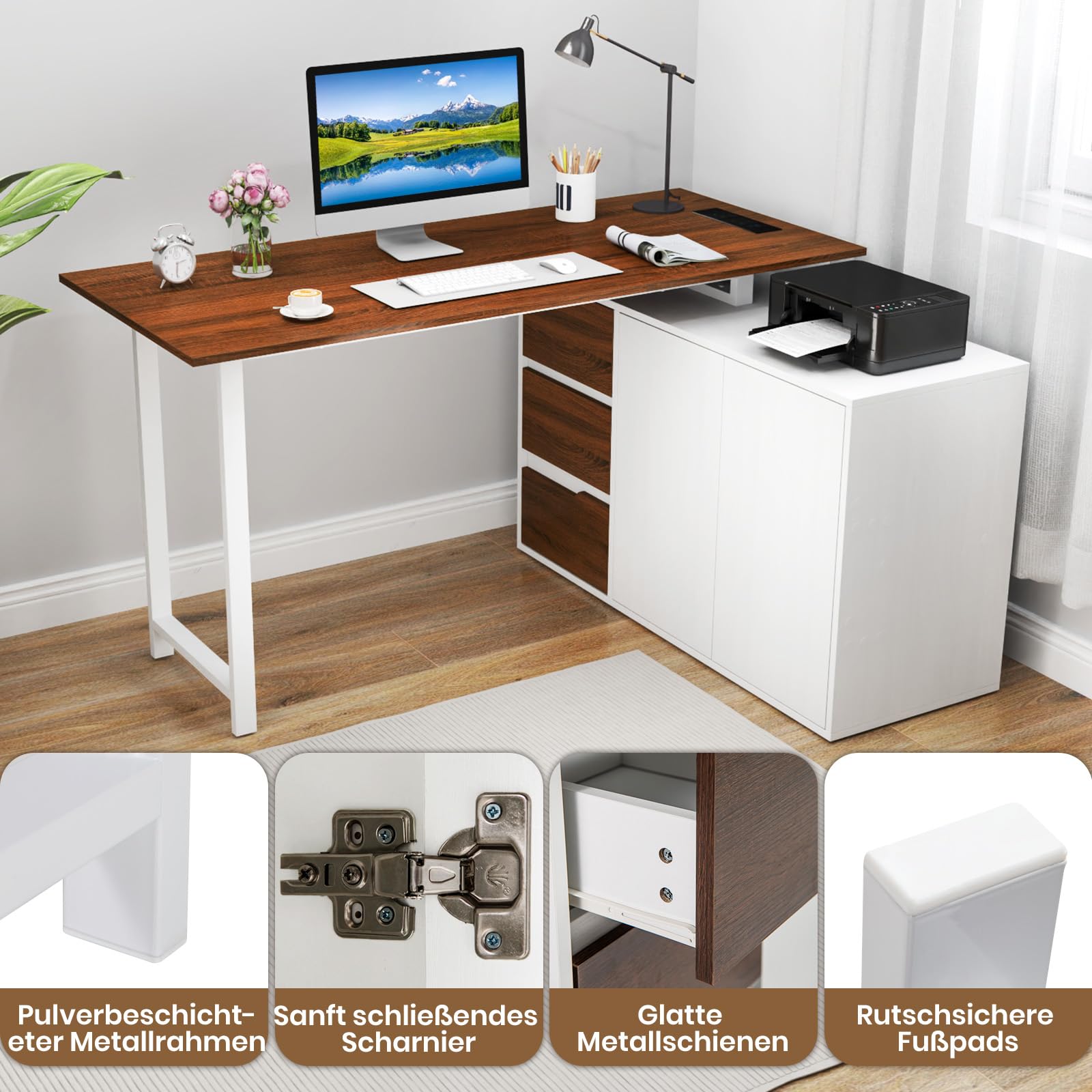 COSTWAY L-förmiger Schreibtisch mit Ladestation & Aktenschrank, Eckschreibtisch umkehrbar mit 3 Schubladen & 2 Türen, Computertisch aus Holz mit Metallrahmen für Zuhause & Büro (Braun)