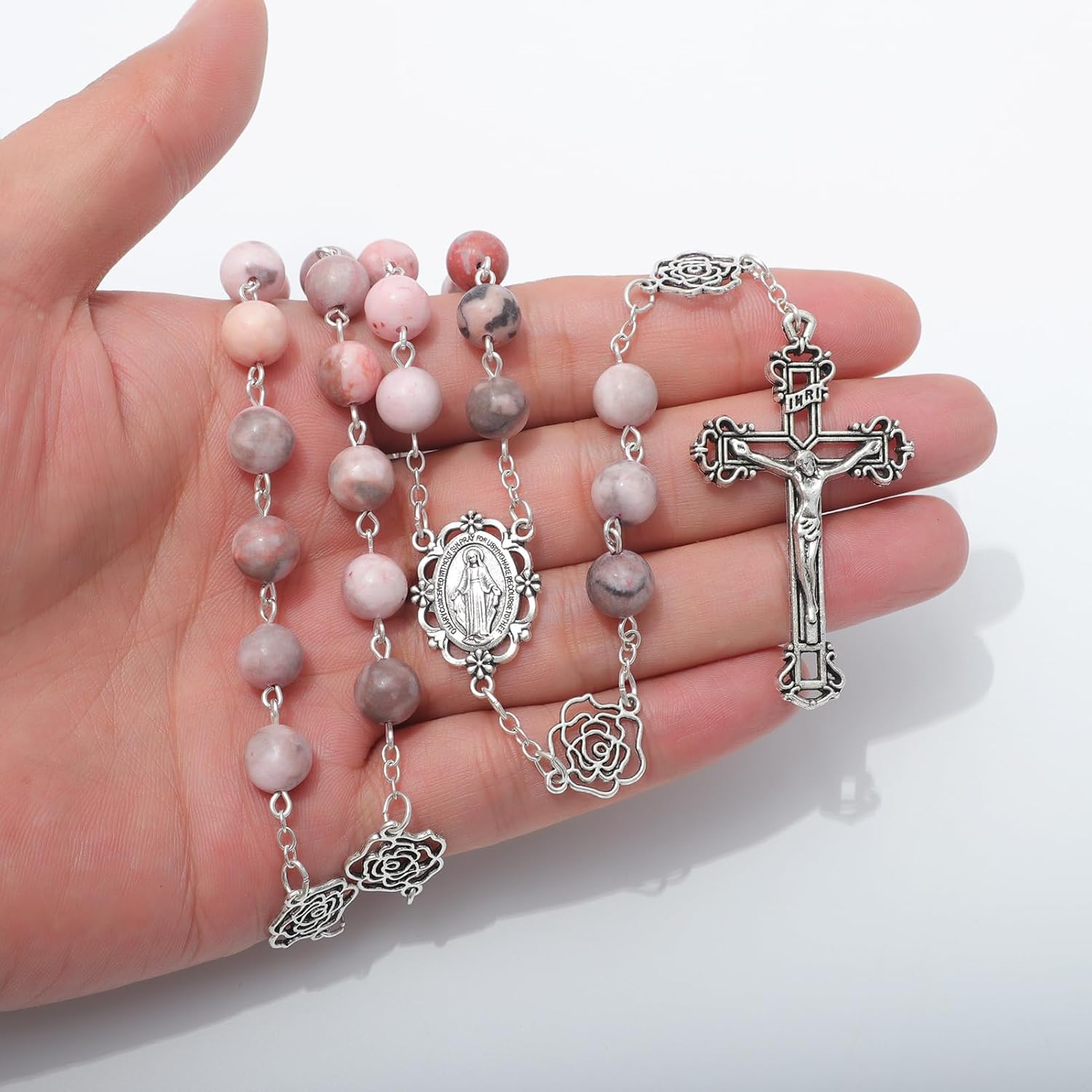 KOMI Gemstone Beads Rosary Catholic for Women 18K Gold Plated Rosaries Beads Necklace Christian Catholic Gifts