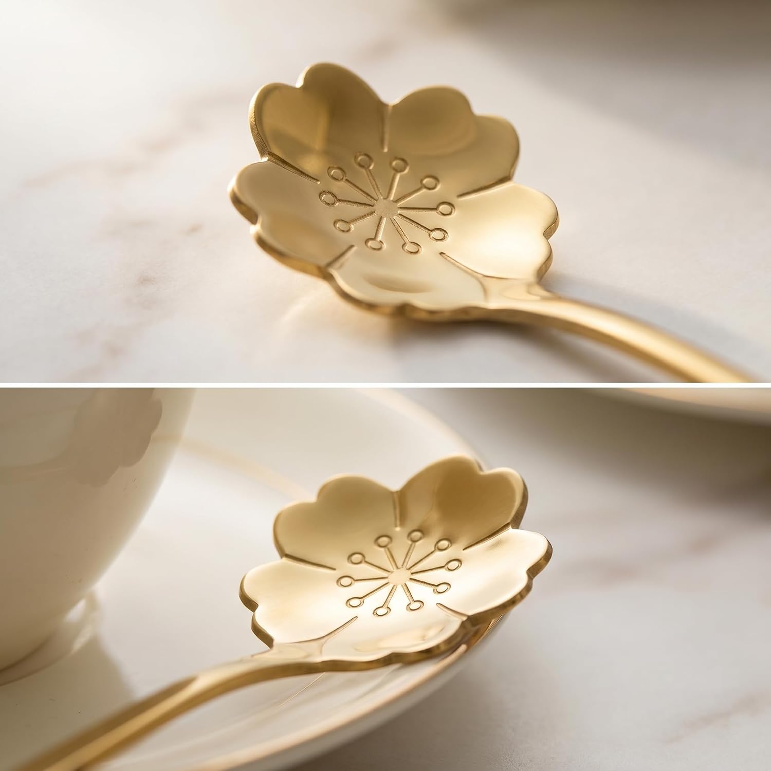 Gold Iced Tea Spoons Set of 4 | 6.97" Long Handle Cherry Blossom Spoons | Food Grade Stainless Steel | Long Handle for Tall Glasses | Floral Design | Perfect for Latte & Dessert | Dishwasher Safe