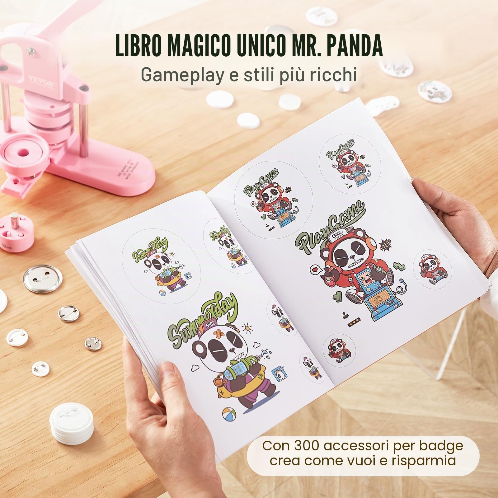 VEVOR Macchina per badge 25/32/58 mm, Pressa per badge con 300 kit di accessori, Kit fustellatrice manuale badge punzonatrice, Macchina per la creazione di badge rosa