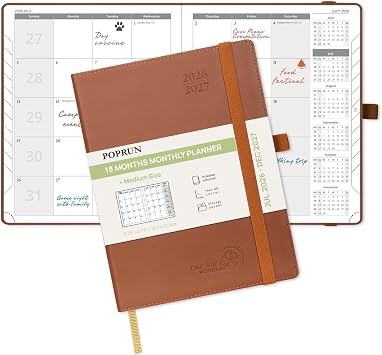 POPRUN Monthly Planner 2026-2027 Medium-6.5"x8.5", 18 Month Calendar Book | Jul.2026-Dec.2027, Soft Cover Calendar Planner with Note Page, Monthly Tabs & Inner Pocket, 100 GSM Paper -Brown