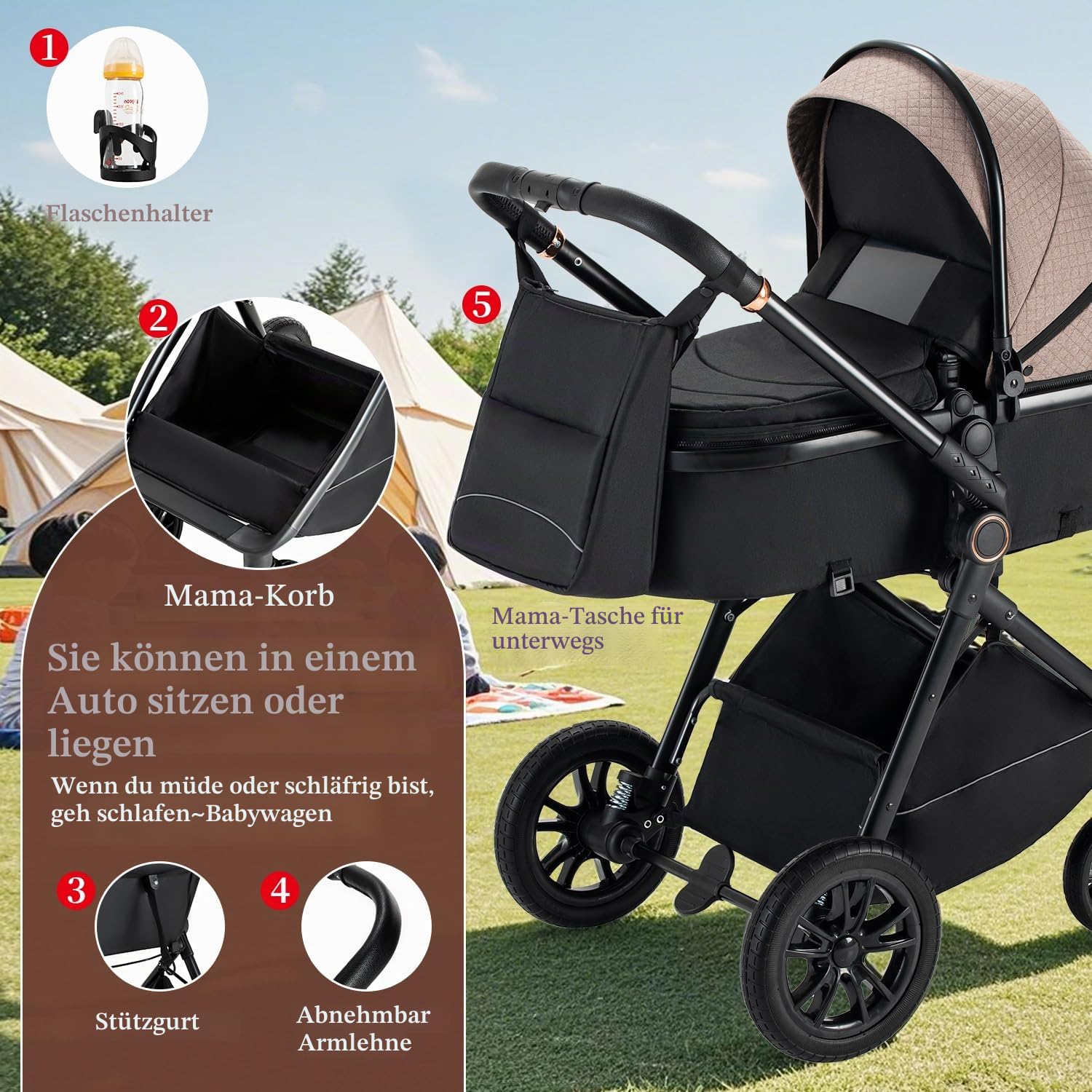 Kinderwagen 3 in 1, Zusammenklappbar kinderwagen Komplettset Becherhalter, Moskitonetz, Fußabdeckung Für Baby Erstausstattung Neugeborene(Khaki)