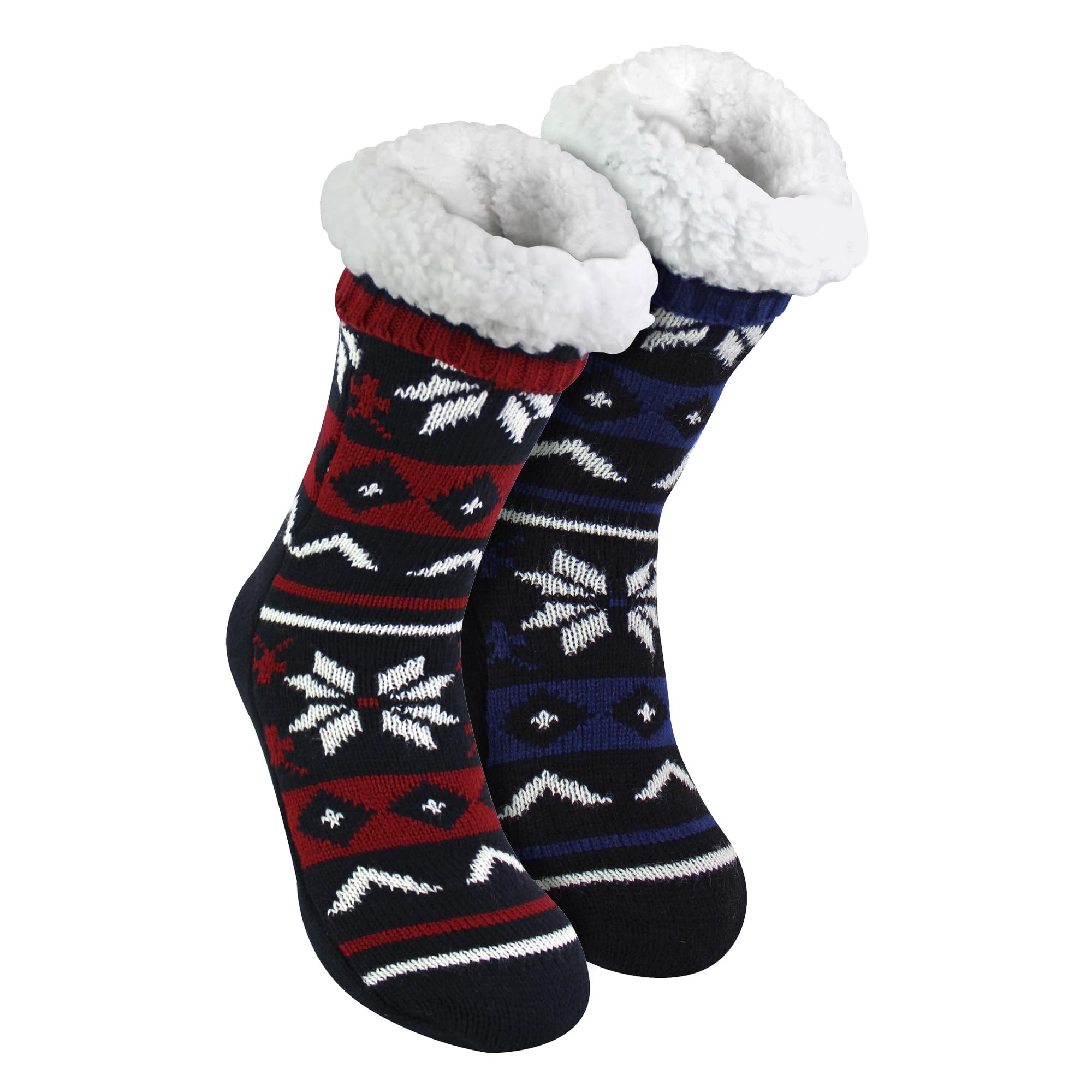 Sock Snob Men's Assorted 2 Pack Fairisle Knit Slipper Sock With Sherpa Lining Christmas Non Slip Lounge Socks (6-11, )