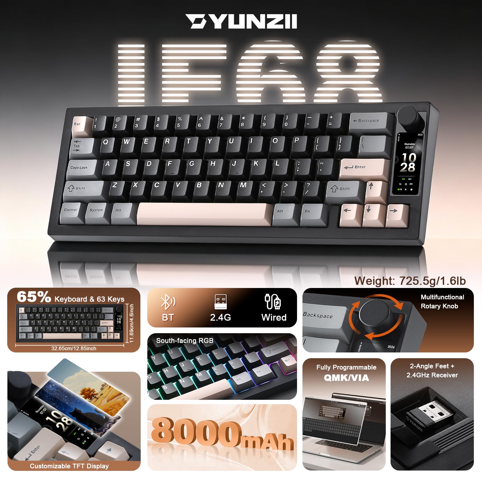 YUNZII IF68 Teclado Mecánico Gaming Inalámbrico QMK/Via (Negro, Milk V2) | 65% Pantalla TFT con Perilla, Bluetooth/2.4G/USB-C, Hot Swap, PBT, Retroiluminación RGB, US ANSI, para Mac/Win