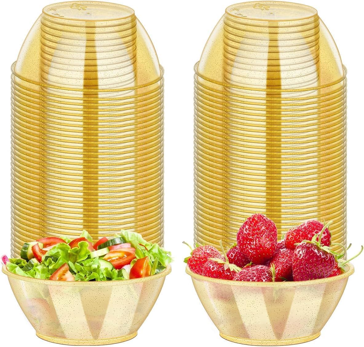NimbusNote 50 Pack Gold Plastic Dessert Bowls, 6 oz Clear Disposable Hard Bowls for Ice Cream, Salad, Parfaits, Snacks, Dip, Fruit, Small Serving Bowls for Party and Catering Use