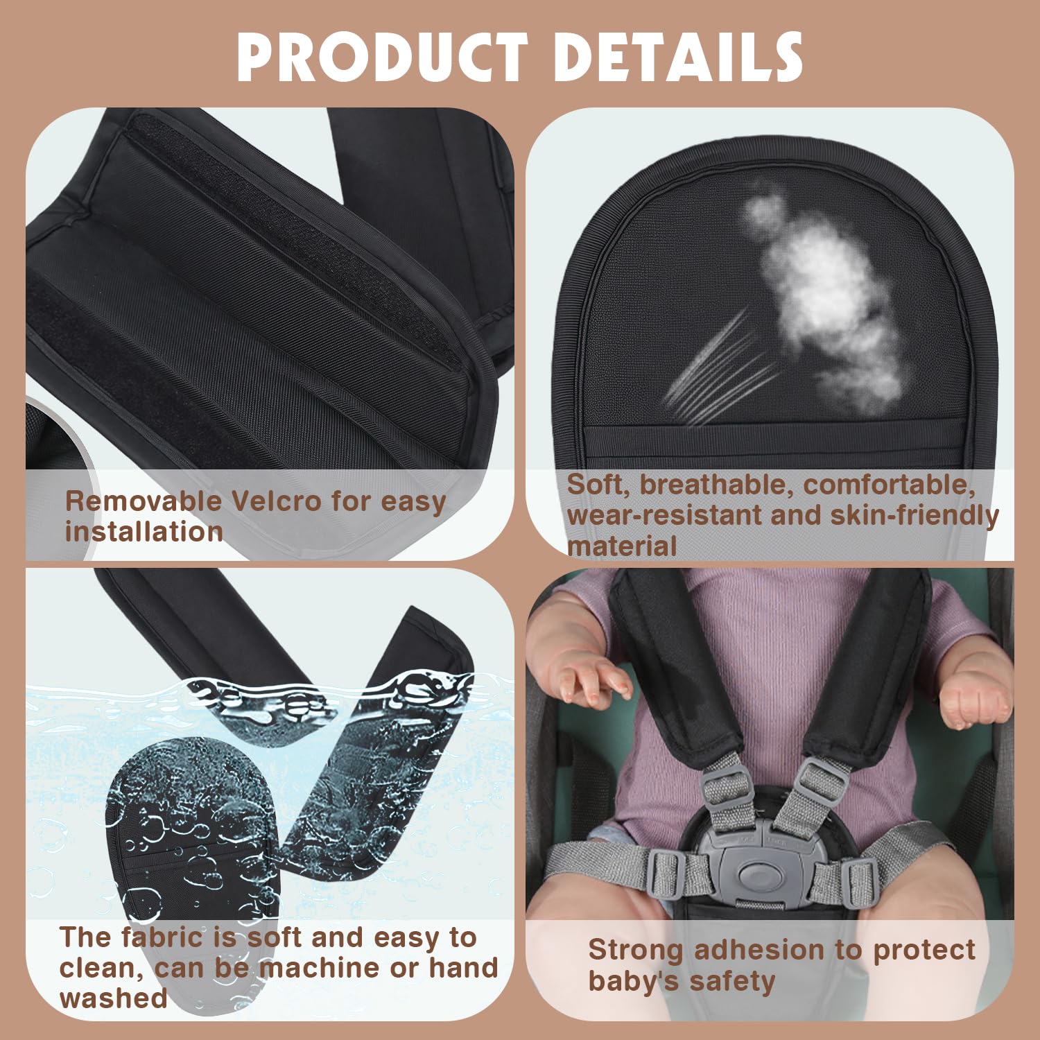 FIGCY 3 Pcs Soft Baby Shoulder Pad & Crotch Cover, Black Kids Seatbelt Covers - Image 3