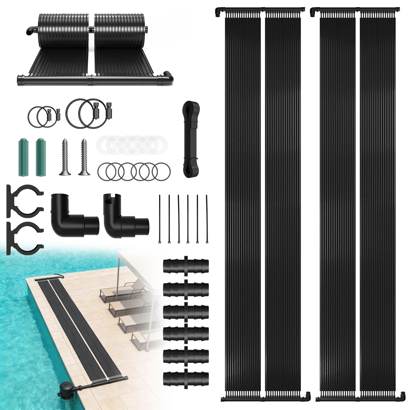 LZQ Solar Poolheizung, EPDM Solarmatte mit 32 Kanälen, modular erweiterbarer Solarkollektor mit 32/38 mm Universalanschluss