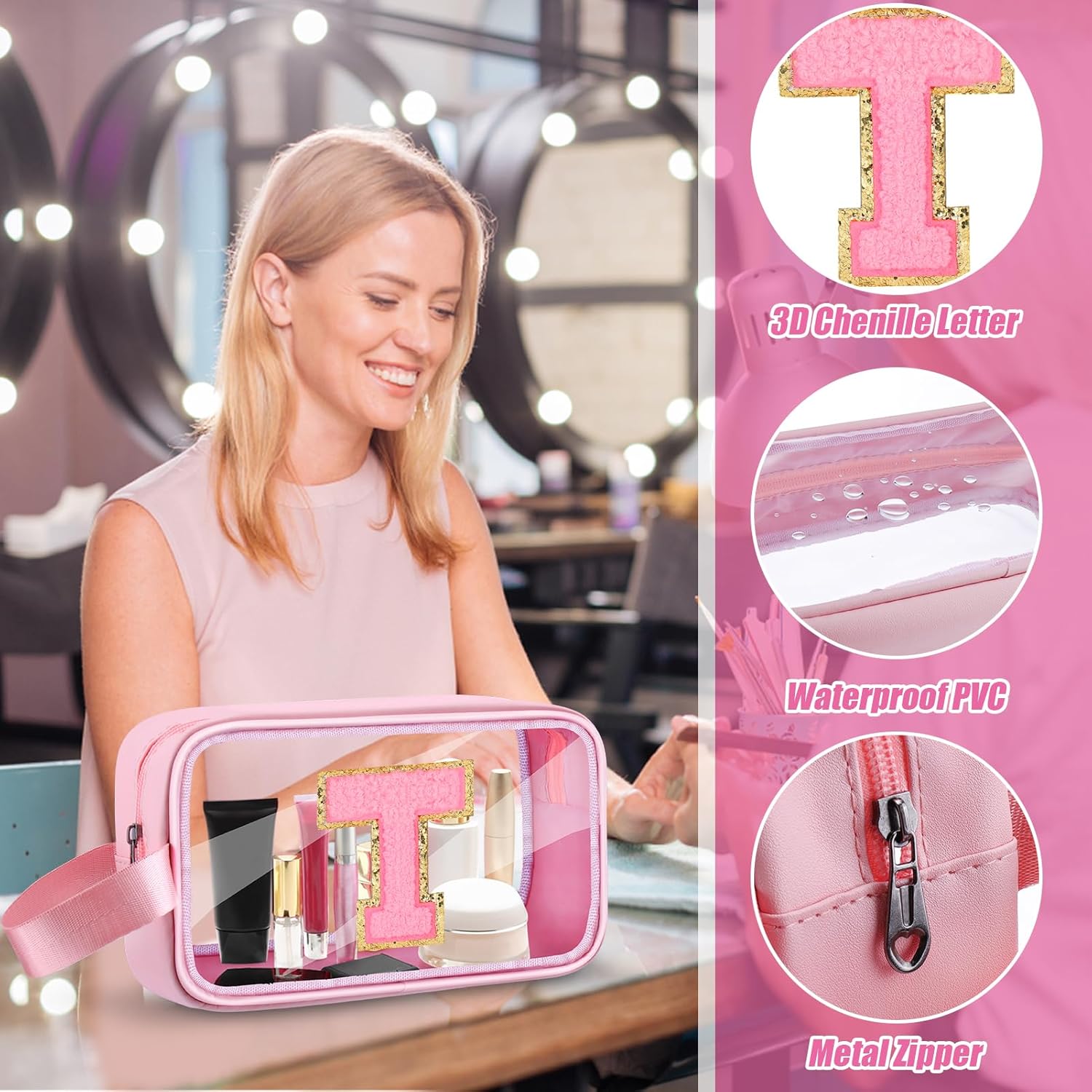 Initial Makeup Bag,Letter T Cute Clear Monogrammed Cosmetic Travel Bag for Womens Girls,Personalized Pink Aesthetic Traveling Make Up Organizer Bag for Beach,Waterproof Toiletry Bag - Image 3
