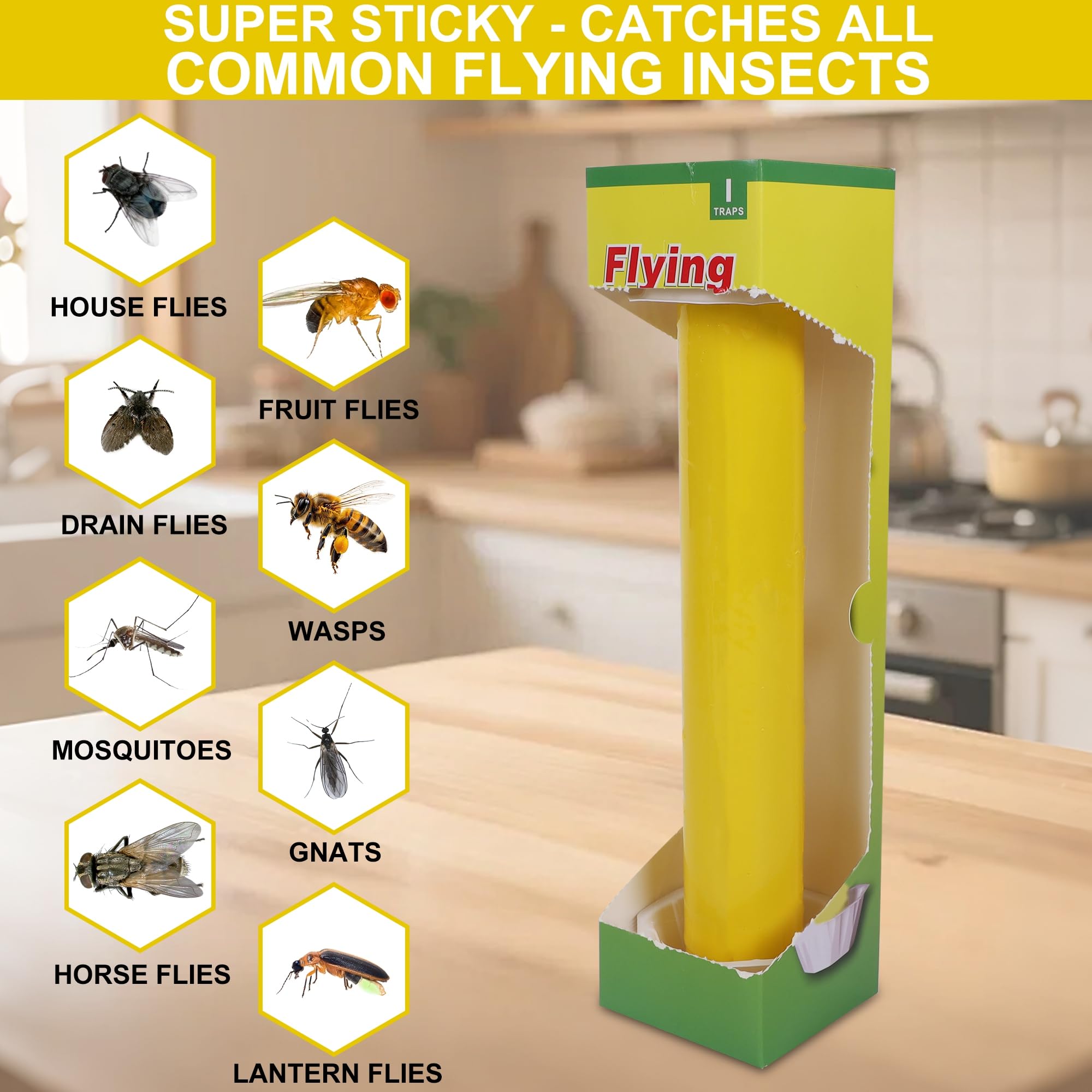 Trampas adhesivas para moscas para interiores y exteriores, 12 unidades, palo para colgar moscas, trampa para insectos voladores, trampa para avispas (amarillo)