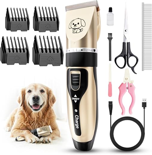 Dog Grooming Kit, Rechargeable Low Noise Pet Nail Clippers Professional Heavy Duty Kit with 4 Guide Combs and Nail Cleaning Brush