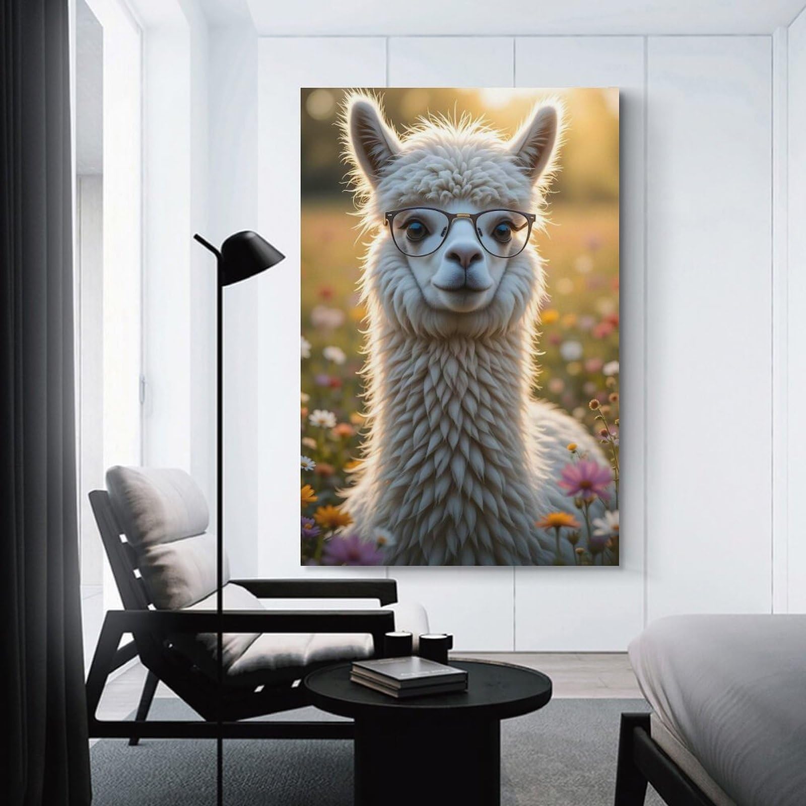 Junmoney Unframe-Style-5 Wall Picture Print Alpaca With Glasses In Flower Field, 24X36inch(60X90cm), For Feature Walls In Flats Or Modern Rooms, An Easy Match For Collected Prints