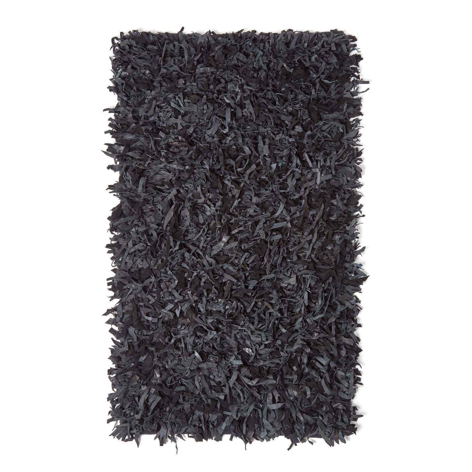 Homescapes Lederteppich Dallas 150 x 240 cm, Fransenteppich aus 100% Echtleder, moderner Shaggy-/Hochflor-Teppich, schwarz