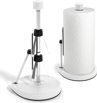 Stainless Steel Tension Arm Paper Towel Holder - Easy One-Handed Operation - This Sturdy Weighted Paper Towel Dispenser Countertop Model Has Suction Cups and Holds All Paper Towel Rolls White