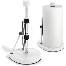 Stainless Steel Tension Arm Paper Towel Holder - Easy One-Handed Operation - This Sturdy Weighted Paper Towel Dispenser Countertop Model Has Suction Cups and Holds All Paper Towel Rolls White