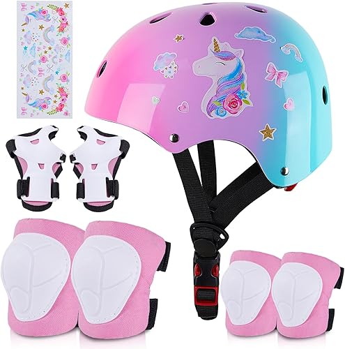 Bienbee Casco para niños, casco para niños de 3 a 5 años con calcomanías de unicornio, 8 piezas de equipo de protección para niños y rodilleras y