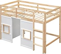 Vista 25 de Cama tipo loft de techo de casa de tamaño matrimonial con escalera, marco de cama de madera que ahorra espacio con barandilla y ventana