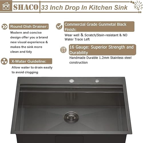 Miniatura 103 de SHACO Fregadero de cocina negro de 21 pulgadas, 21 x 20 pulgadas, montaje superior negro plomizo de acero inoxidable calibre 16, estación de trabajo