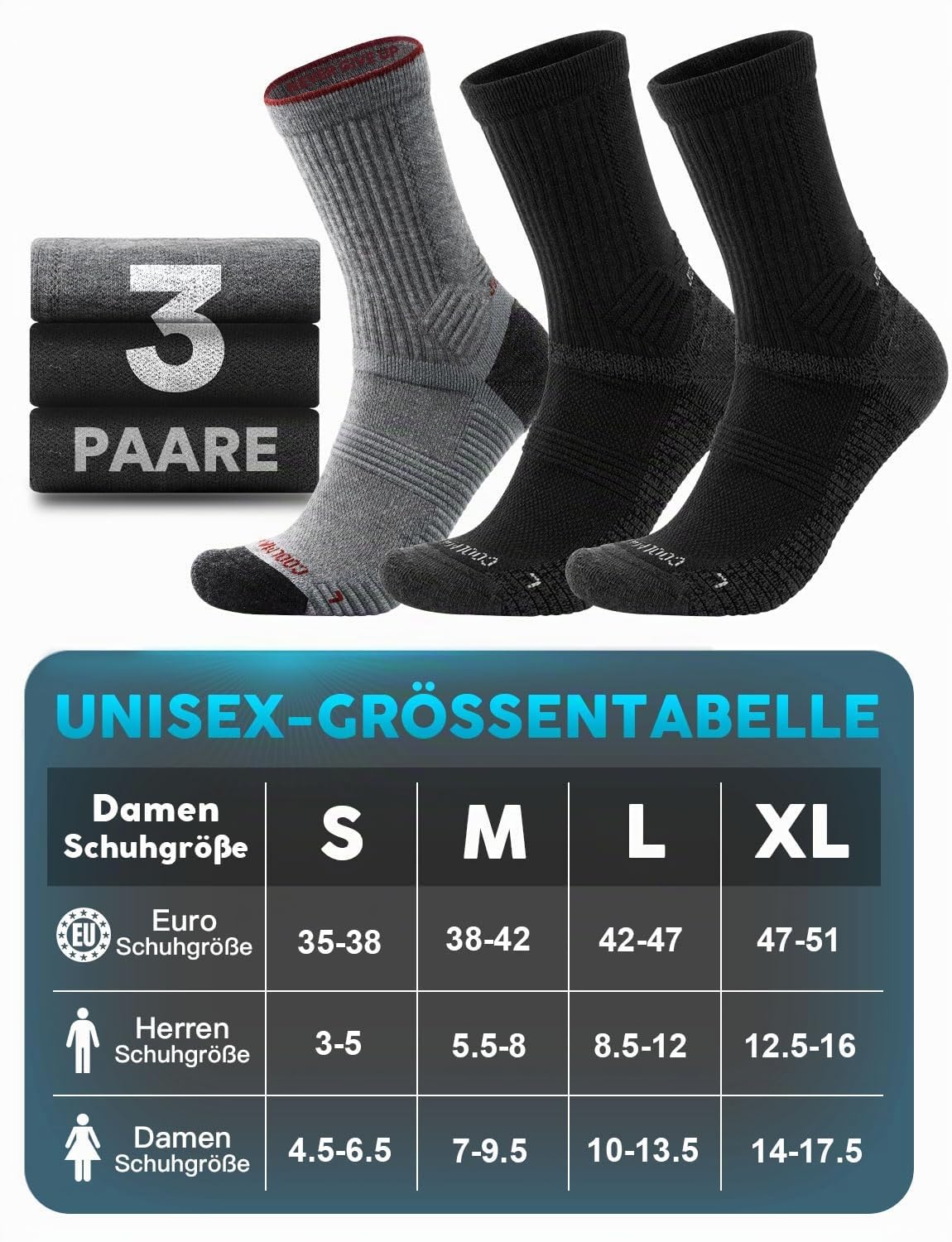 Juclise Merinowolle Wandersocken Herren Kompression Anti Blasen Gepolstert Wollsocken Anti-Schweiß Atmungsaktiv Trekkingsocken (DE/NL/SE/PL, Numerisch, 47, 51, Anthrazit*1 + Onyx*2)