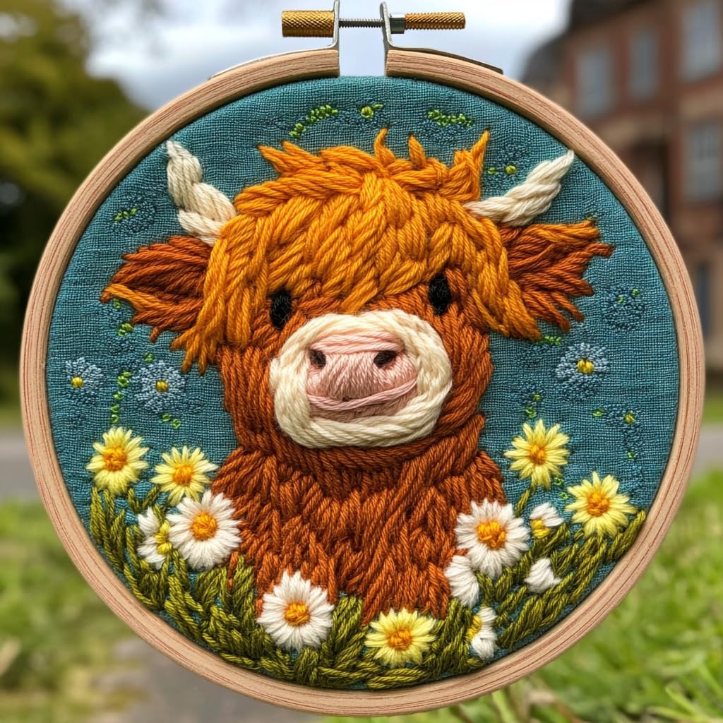 DIY Punch Needle Kits Cute Brown Highland Cow with Daisy Flower Easy for Beginners Punch Needle Yarn Starter Embroidery Set for Craft Lovers with Hoop for Home Decor 20x20cm(3)