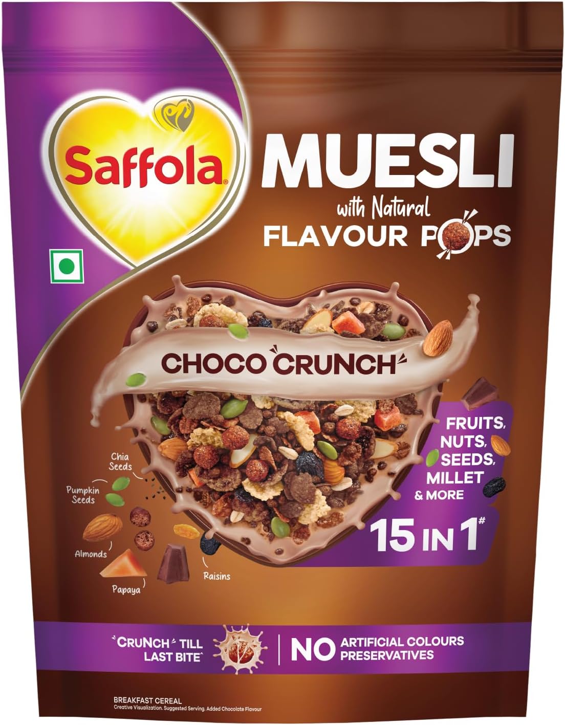 Saffola Muesli Choco Crunch with Flavour Pops, 400 gm/450 gm | 15 in 1 Fruit and Nuts, Seeds, Millet & more | Cereals for breakfast with wholegrain, protein, fibre