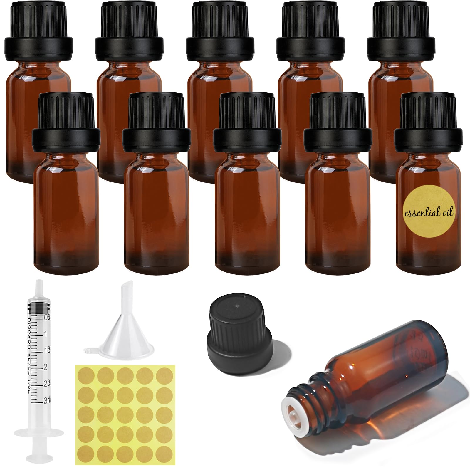 Furuising 10 Stück Braunglasflasche 10ml, Leere Braune Flaschen, Wiederverwendbar Glasflaschen, Kleine Tropfflasche Fläschchen mit 3ml Spritze, Trichter, Etikett für Ätherische Öle