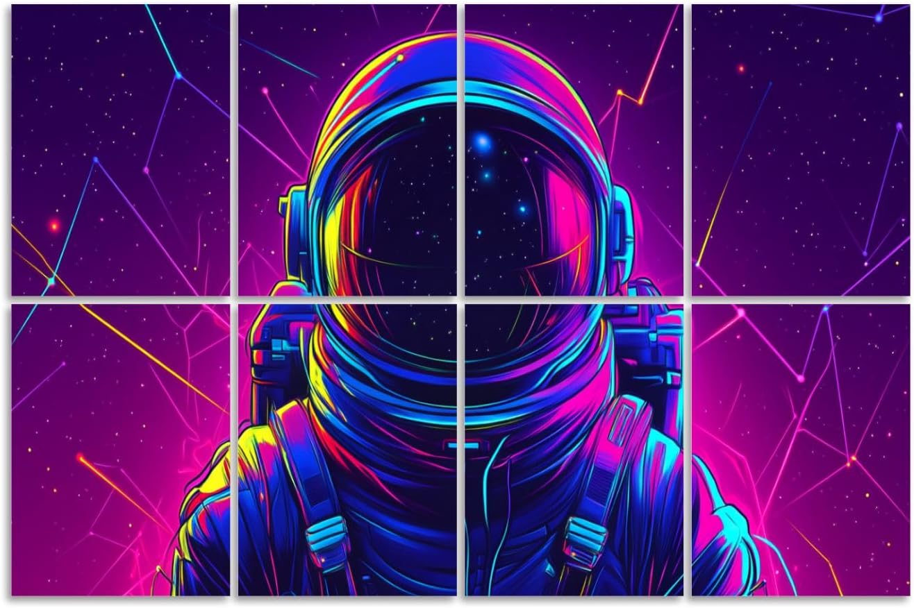 8 Pack Art Acoustic Panels Sound Absorbing Astronaut Outer Space Stars Neon Lines Illustration Colors Gradient Decorative Soundproof Wall Panels Self Adhesive for Recording Studios Office 48"x32"