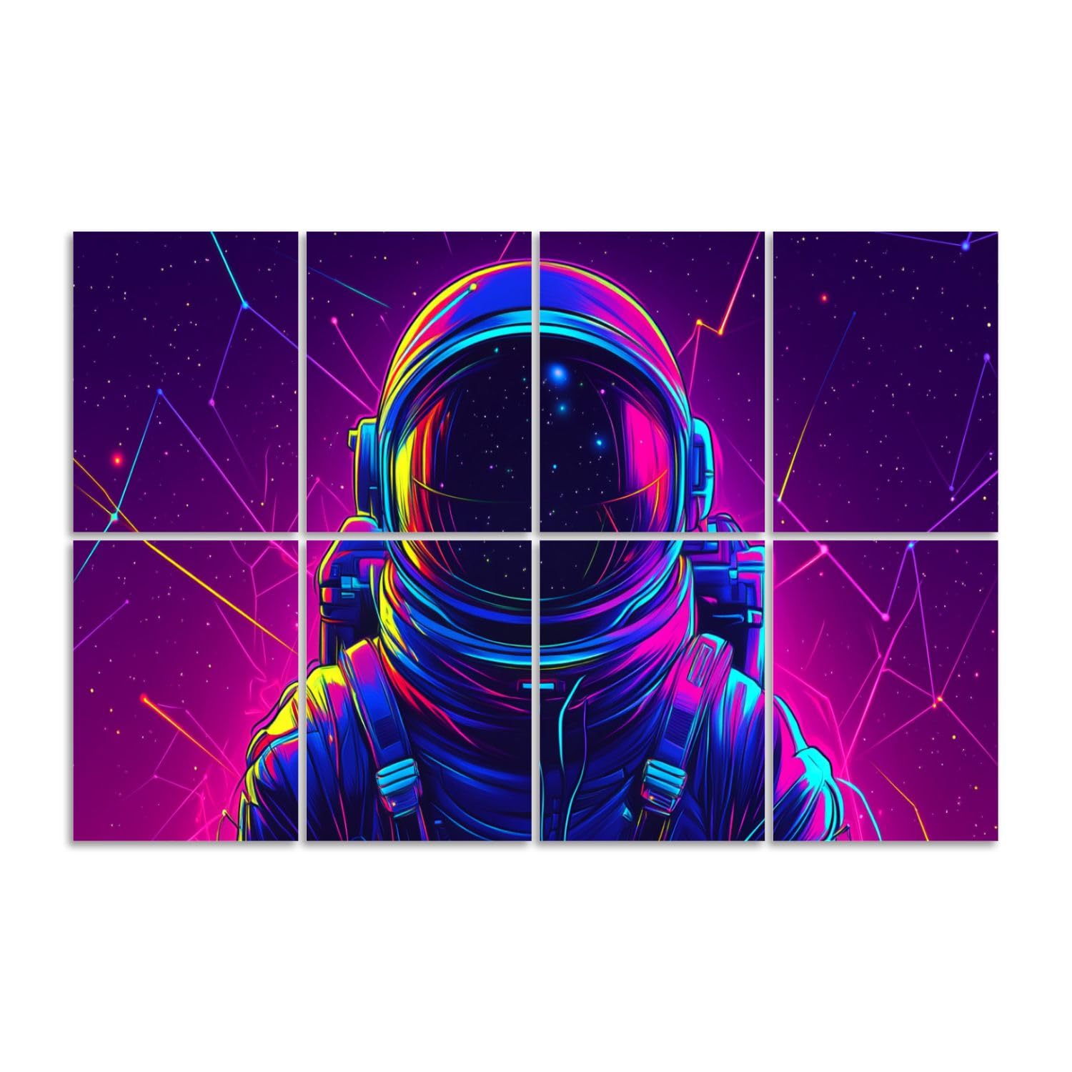 8 Pack Art Acoustic Panels Sound Absorbing Astronaut Outer Space Stars Neon Lines Illustration Colors Gradient Decorative Soundproof Wall Panels Self Adhesive for Recording Studios Office 48"x32"