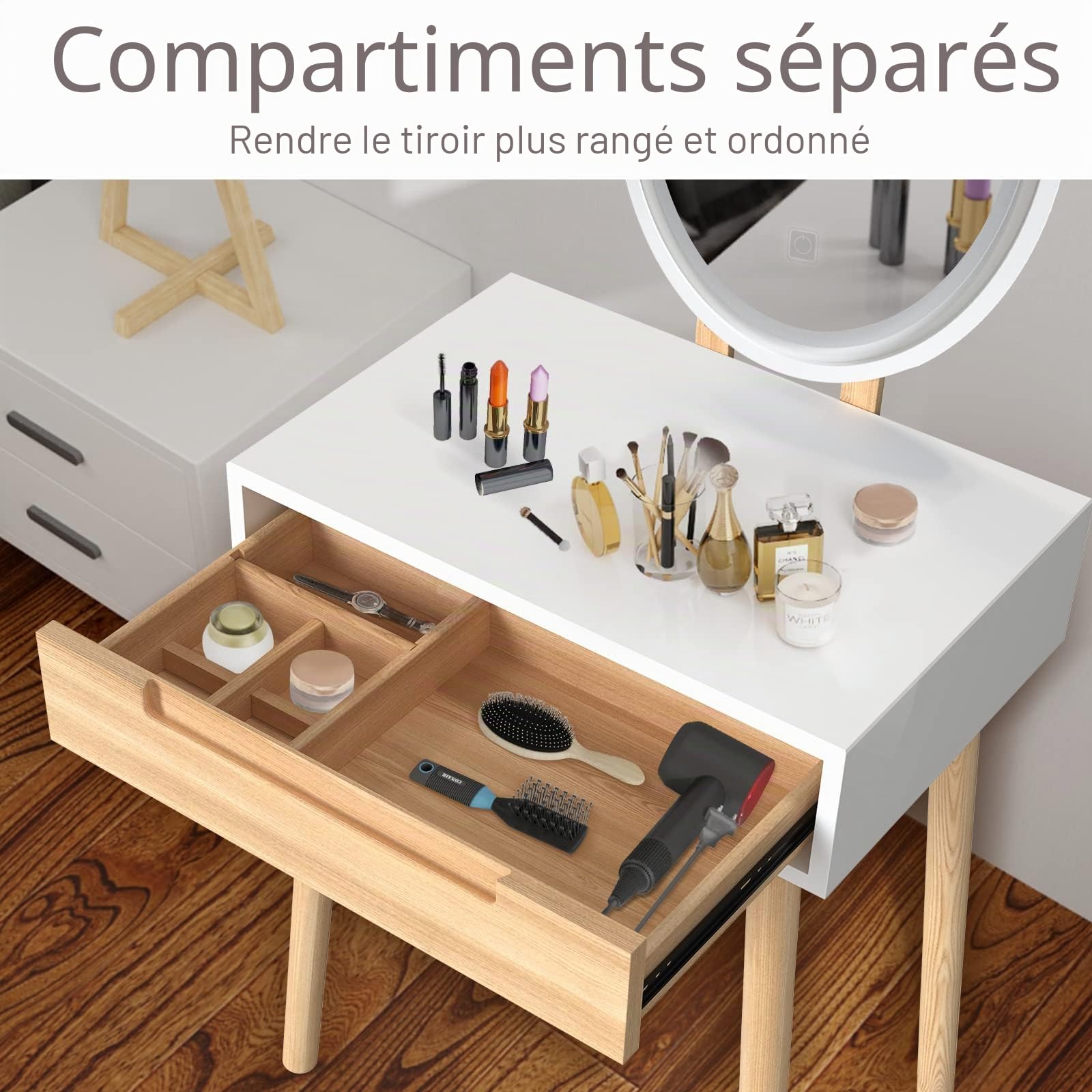 YU YUSING Petite Coiffeuse LED 60 cm Largeur avec Miroir Ovale et Tabouret, 3 Couleurs, Lumière Dimmable, Table de Maquillage avec Rangement, Tiroir Coulissant, en Bois, Gain de Place, Couleur Bois