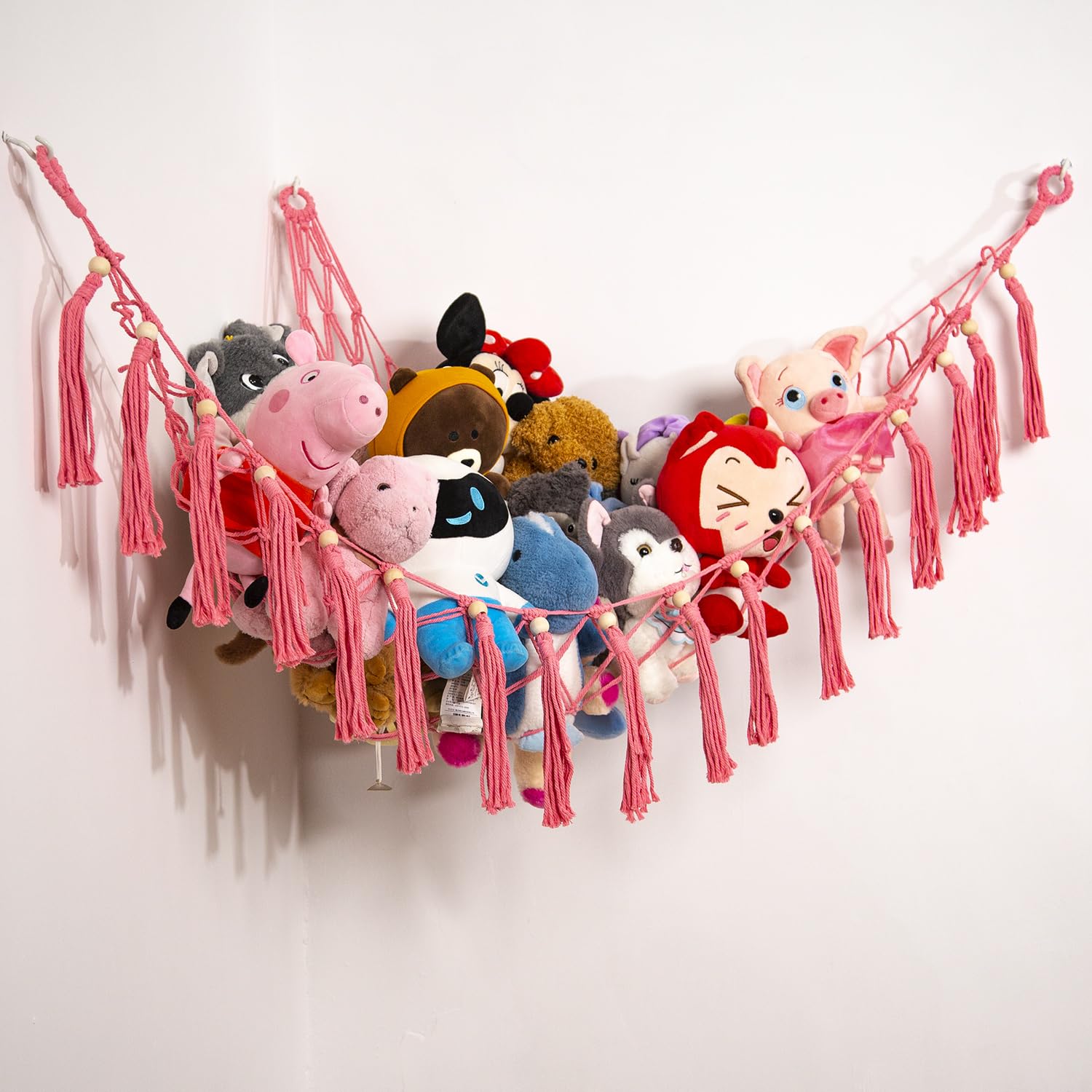 Stuffed Animal Hammock Teddy Bear Net Plush Holder Soft Toy Storage Organizer Boho Macrame Toy Holder-Pink