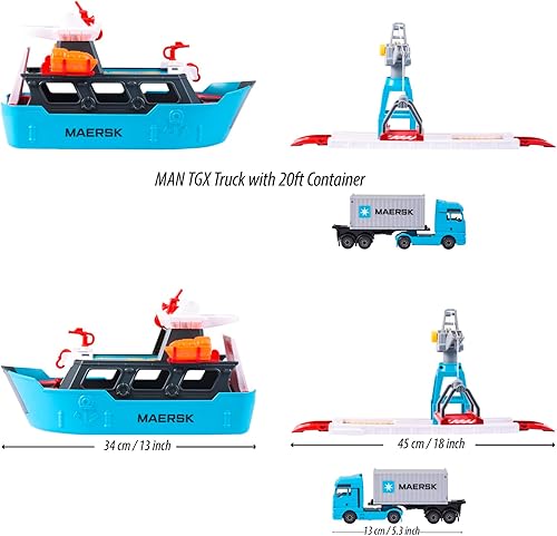 Miniatura 3 de Majorette - Creatix Toy Port with Container Ship - Maersk Logistics Port Station (45 x 29 x 24 cm) with Cargo Ship, Moving Crane and Man Truck with
