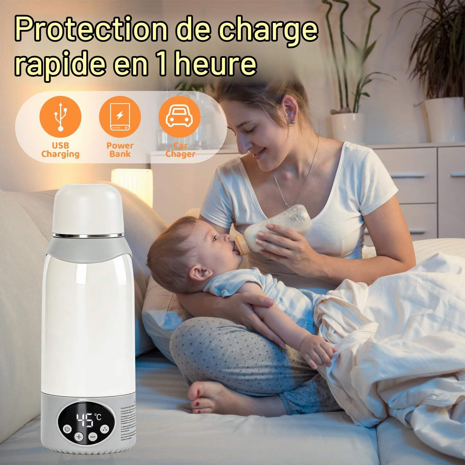Chauffe-Biberon Portable Sans Fil & Nomade | Batterie 12000mAh, 500ml | Chauffe Lait Maternel et Eau Rapide (2 min) | Chauffe-Eau de Voyage, Thermos Bébé Biberon & Chauffe-Biberons Voiture